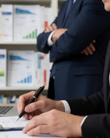 Standing financial advisor writing in a notebook with a pen, arms crossed, in an office with report shelves and charts in the background.