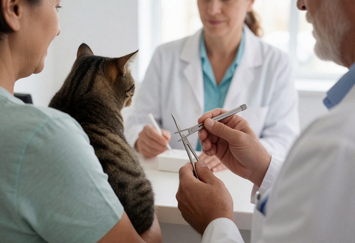 A veterinarian examines a tabby cat held by an assistant while another person takes notes in a notebook at the clinic.