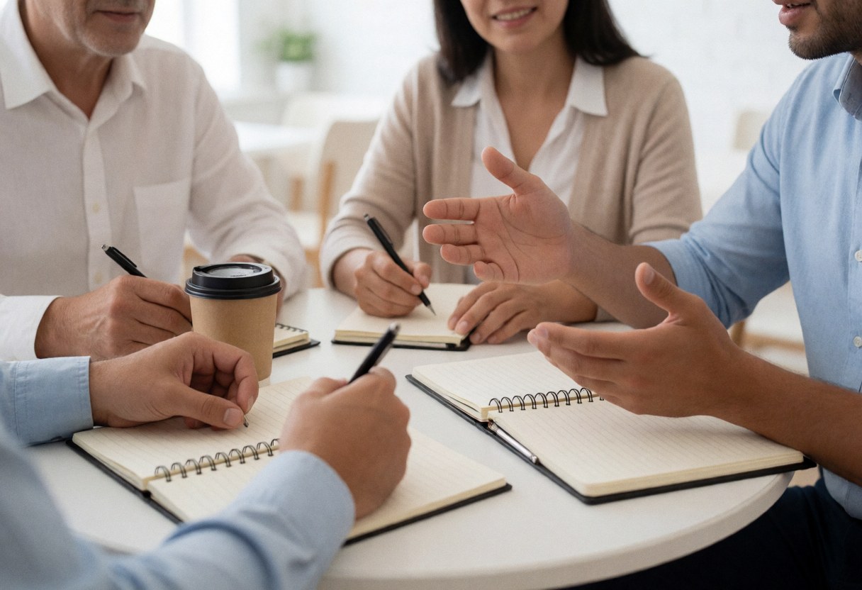 Group of professionals collaborating during a consulting meeting, taking notes in notebooks and drinking coffee at a white table in a bright modern office.