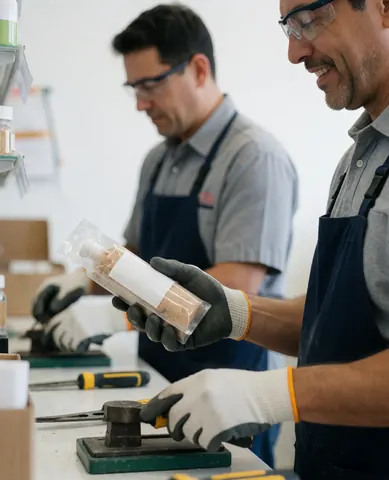 Two factory workers in a clean industrial setting, one holding a packaged product and the other using tools, both wearing safety gloves and glasses.