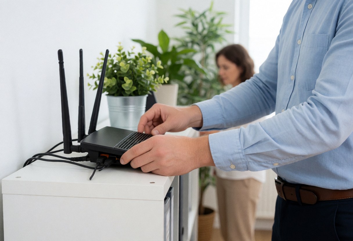 Technician installing wireless network equipment including router and cables in a modern office setting for it support services