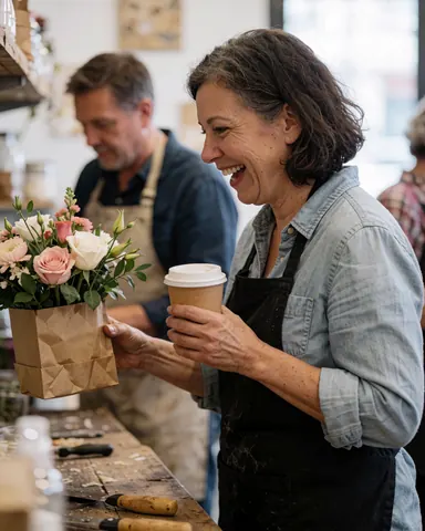 A smiling female florist holds a bouquet of flowers and a coffee cup in a flower shop with a customer in the background.