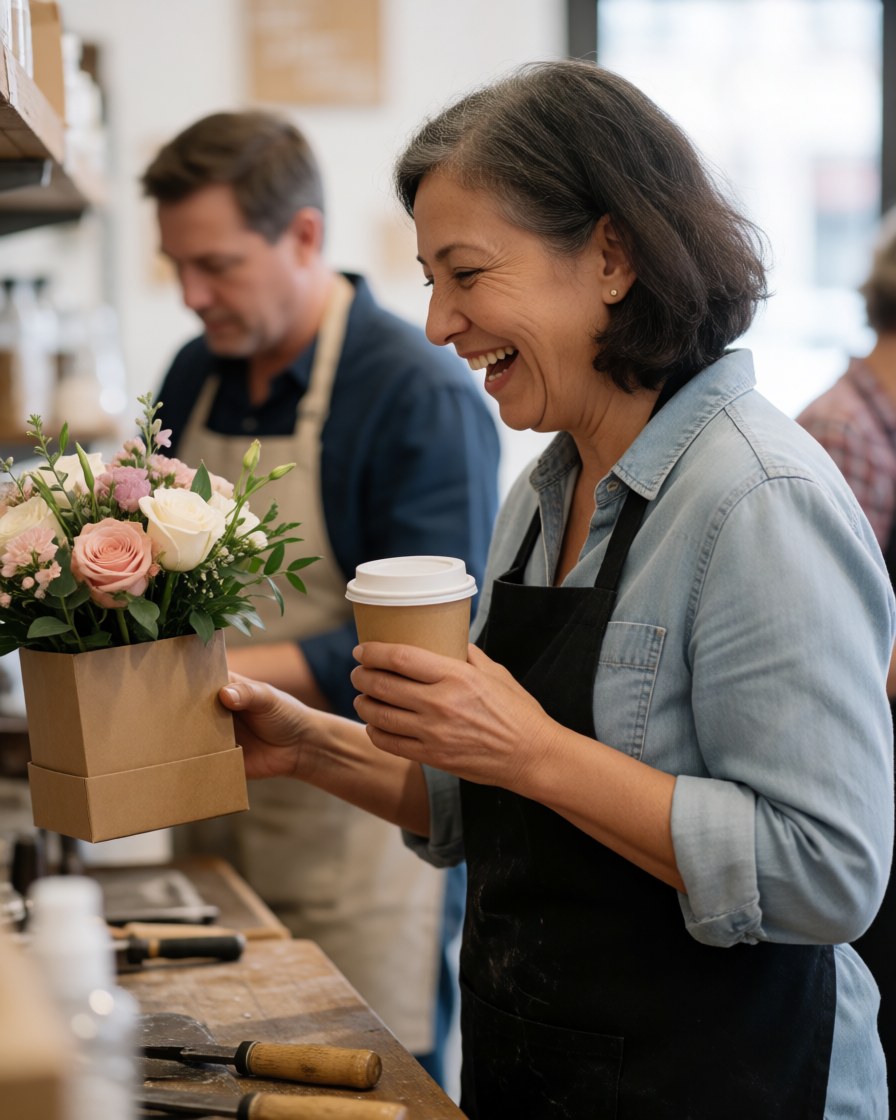 A smiling female florist holds a bouquet of flowers and a coffee cup in a flower shop with a customer in the background.