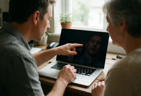 A close-up view of an IT support technician pointing at a laptop screen while explaining a technical solution to a client in a home office setting.