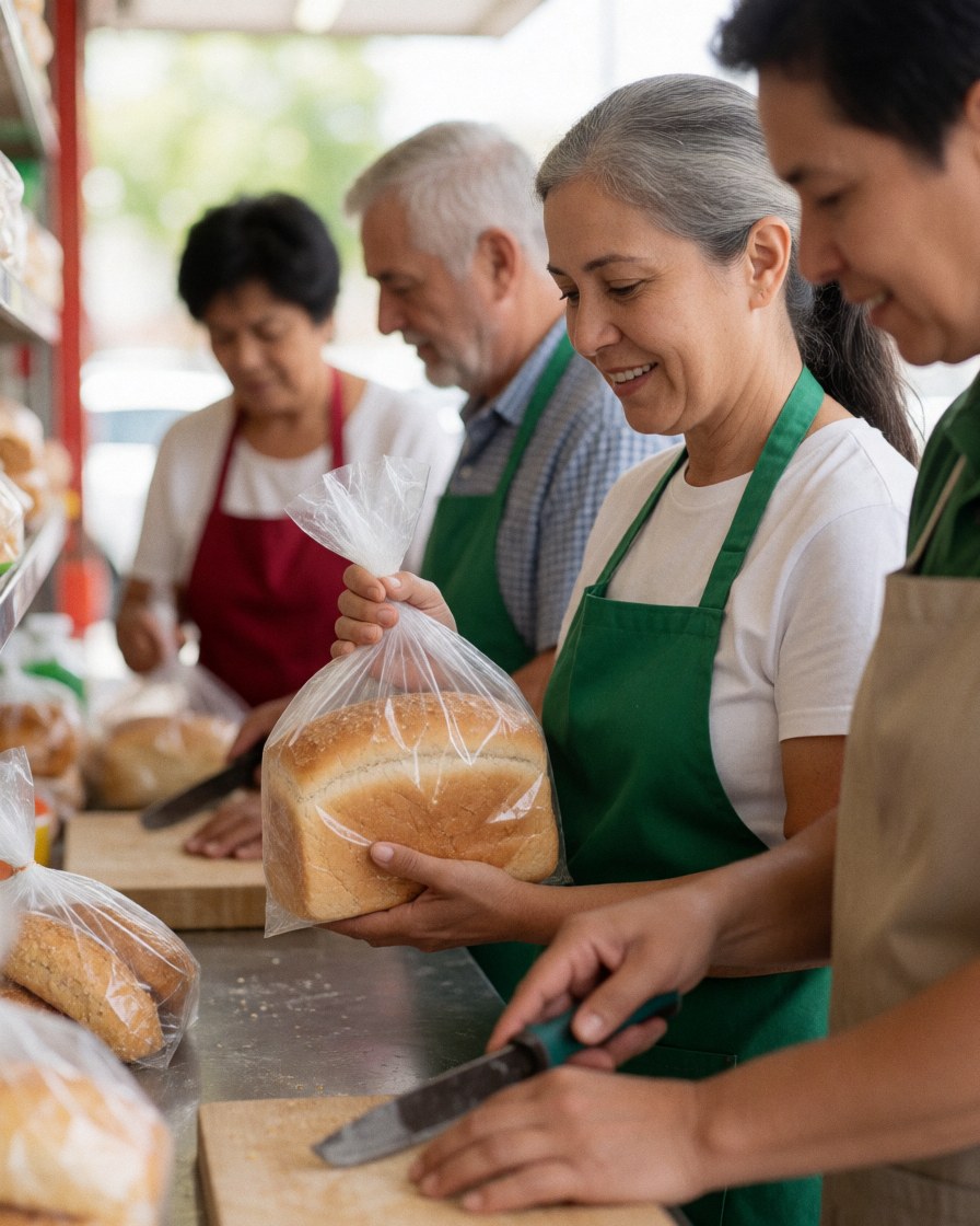 A smiling woman holds a bag of fresh bread while shopping in a minimarket or bodega, showing satisfaction with the food.