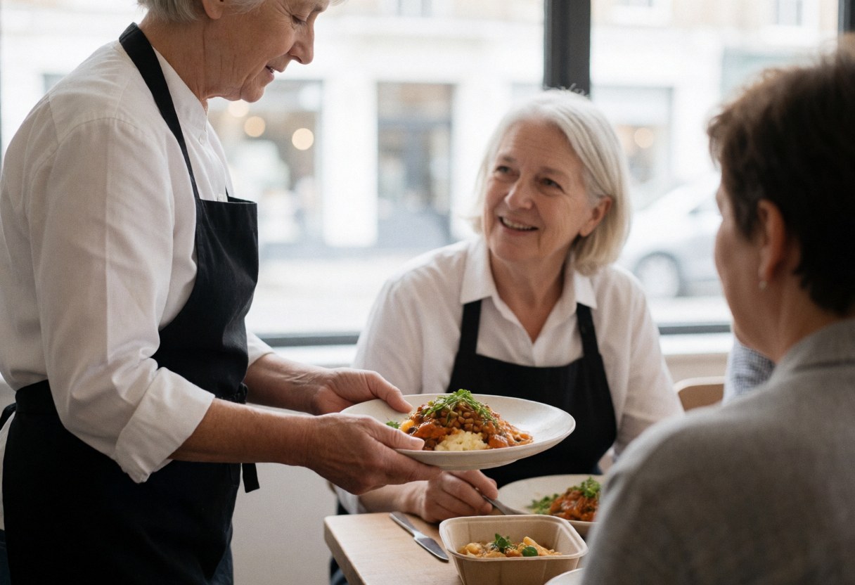 A chef serves a dish to seated customers in a restaurant with natural light from a window and a table set with cutlery.