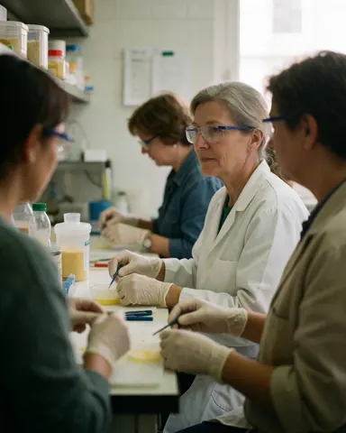 Professionals in a clinical lab working with samples and equipment, wearing gloves and safety glasses in a realistic professional scene