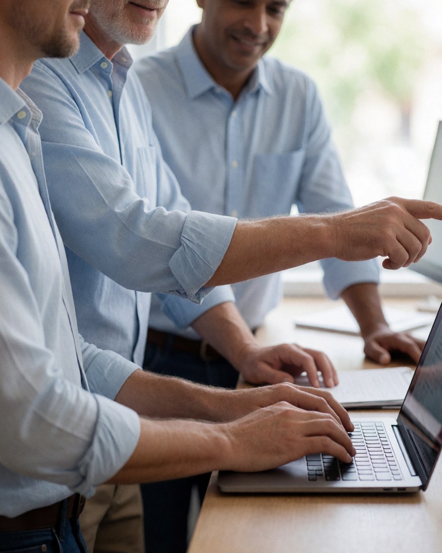 Two professional men collaborating on a laptop in a bright modern office, focusing on teamwork and productivity