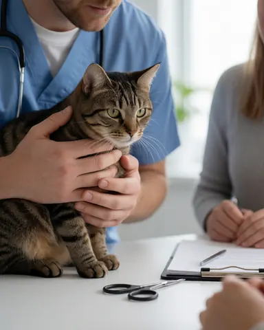A veterinarian examines a tabby cat on an exam table while a happy customer watches in a clean, modern veterinary clinic setting.