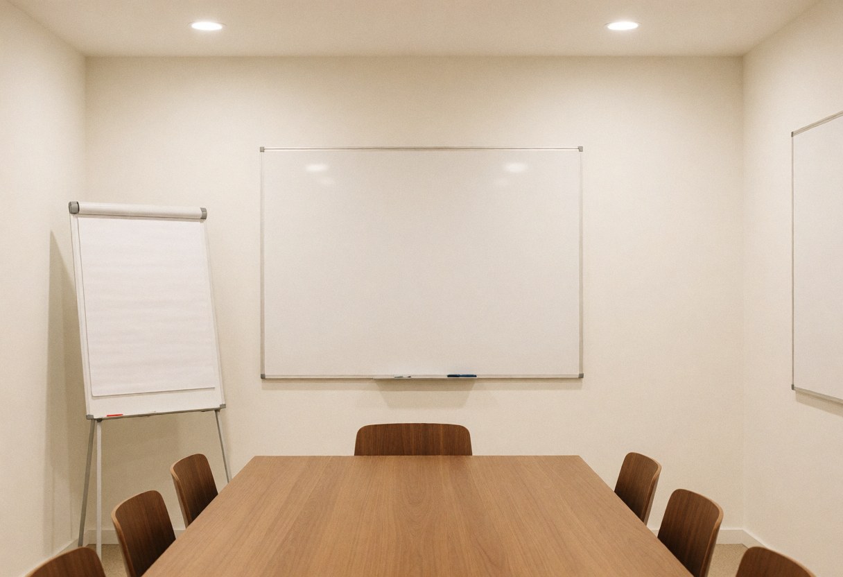 Modern minimalist meeting room featuring a wooden table, chairs, and whiteboards, ideal for business planning and strategic discussions in a professional environment.
