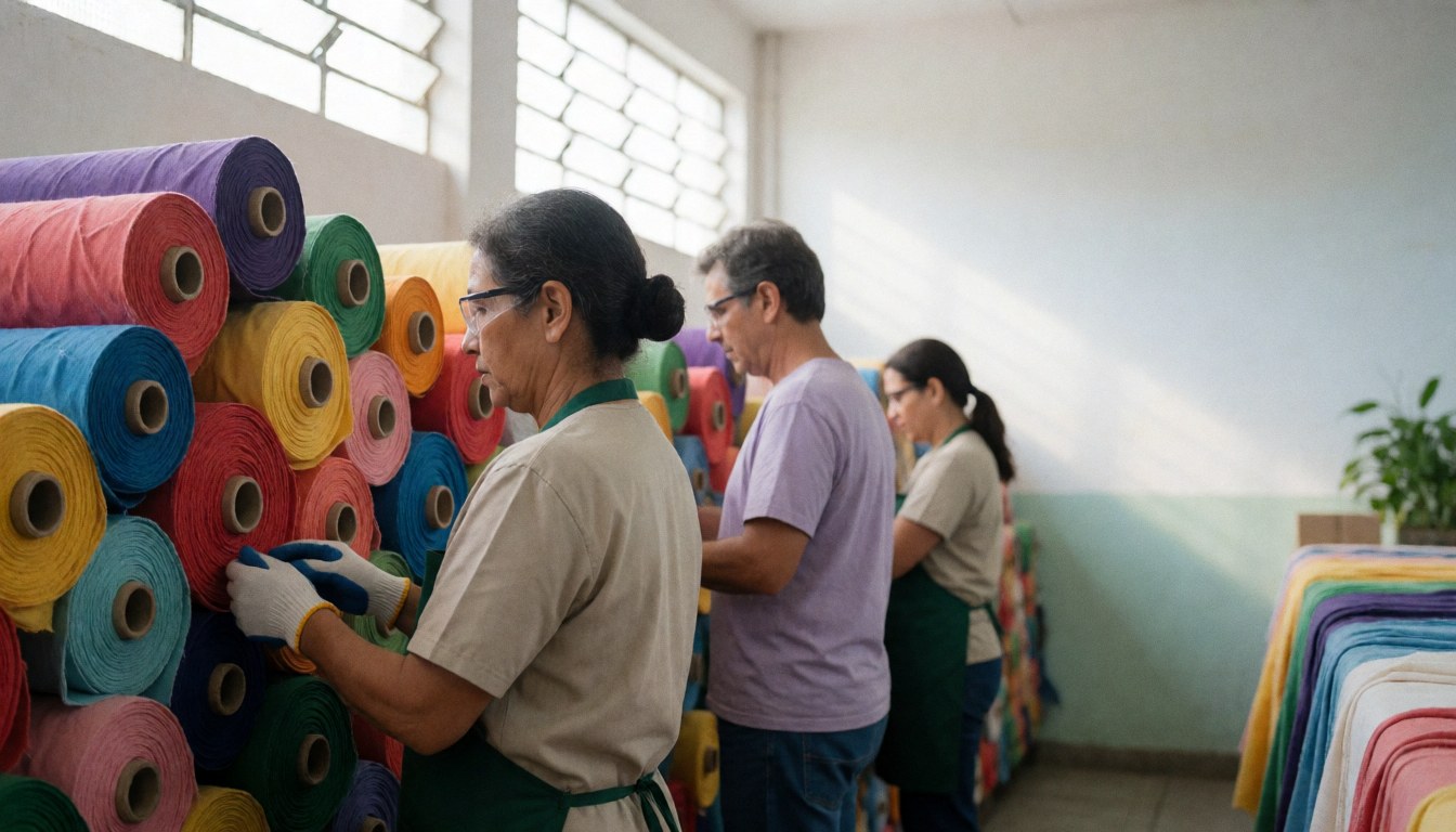 Workers in a textile factory handling rolls of colorful fabric under natural light while wearing uniforms and safety gloves