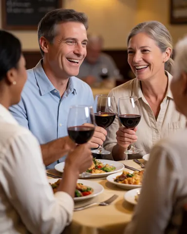 A smiling couple holds wine glasses while dining at a restaurant with warm lighting and plates of food on the table.