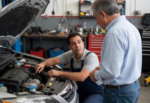Professional mechanic in a garage explaining engine repair to a client, with tools and a car visible in the background.