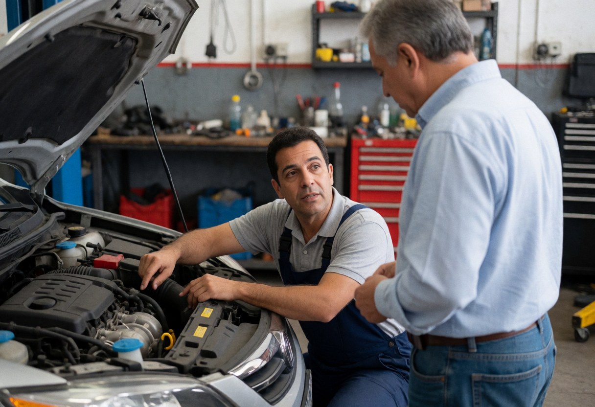 Professional mechanic in a garage explaining engine repair to a client, with tools and a car visible in the background.