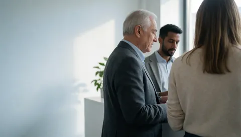 Three professionals conversing in a clean, modern office with ample negative space on the left for text overlay