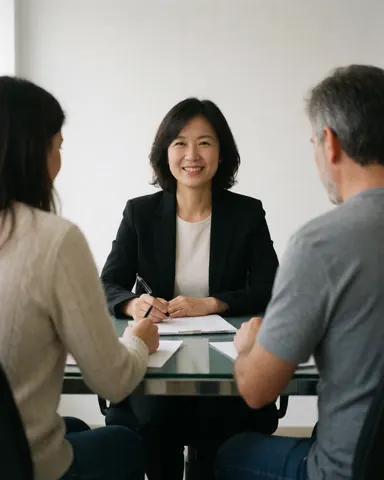 Professional portrait of a female manager sitting at a desk in an office setting, dressed in business attire.