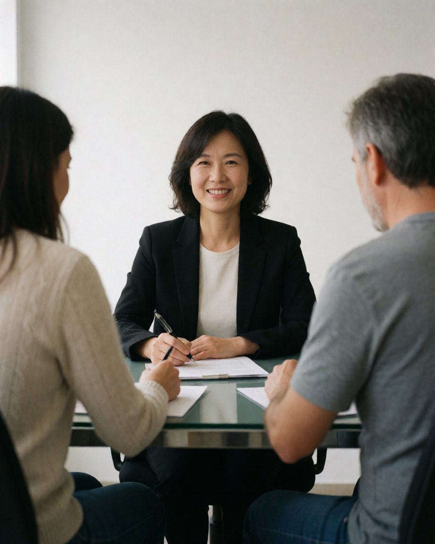 Professional portrait of a female manager sitting at a desk in an office setting, dressed in business attire.