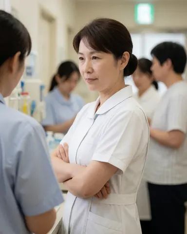 Middle-aged nurse in white uniform with arms crossed in a clinical hallway with soft lighting and blurred background