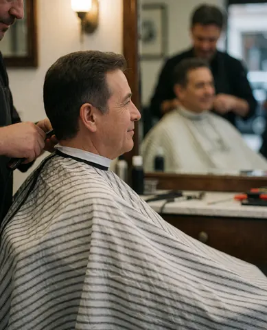 A happy male client sits relaxed in a barber chair while getting his hair cut, surrounded by professional tools and mirrors in a modern salon setting