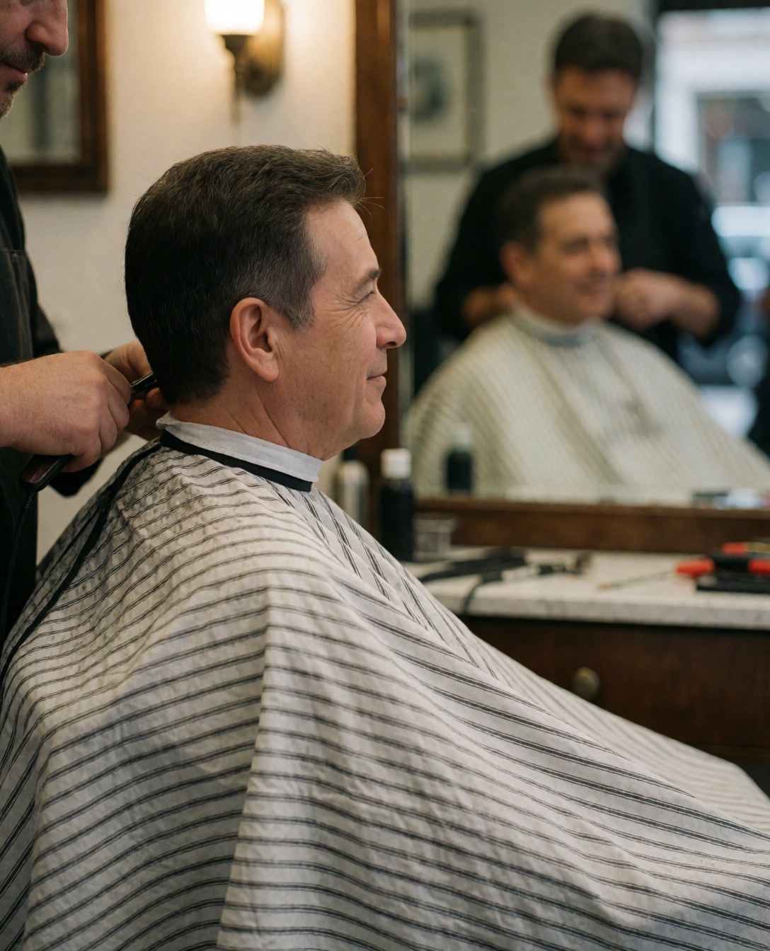 A happy male client sits relaxed in a barber chair while getting his hair cut, surrounded by professional tools and mirrors in a modern salon setting