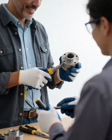 A smiling man wearing safety gear inspects a metal component on a workbench in a manufacturing facility, showing satisfaction with the product quality.