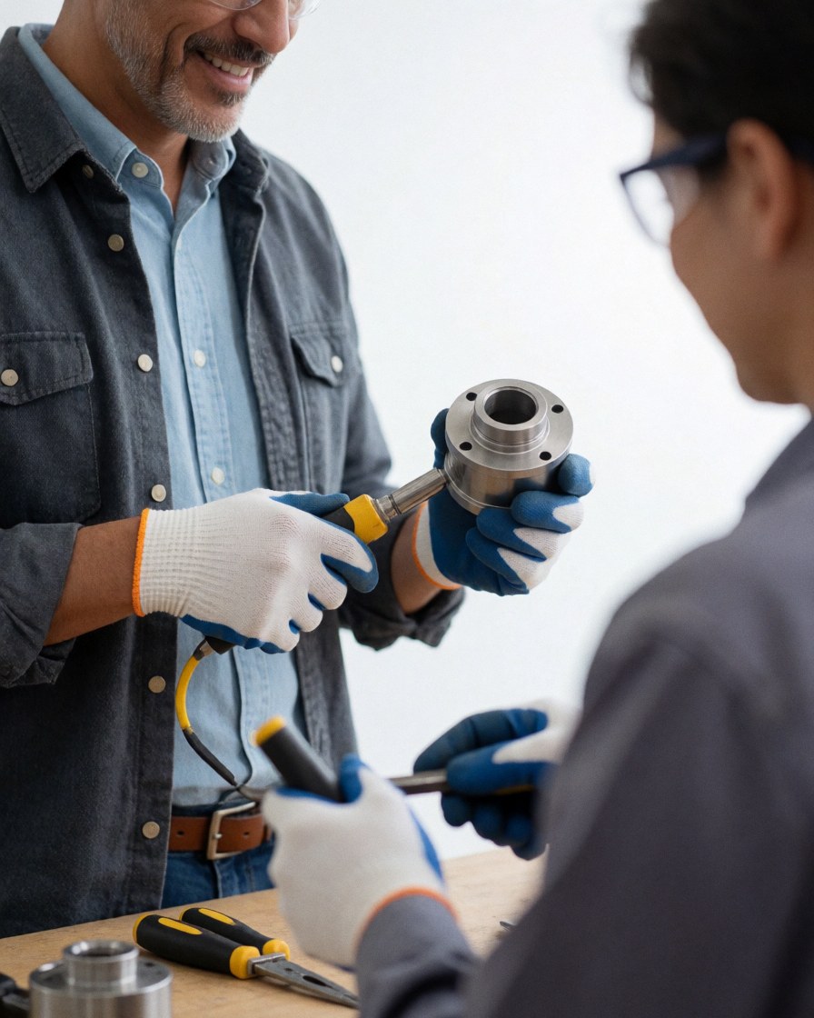 A smiling man wearing safety gear inspects a metal component on a workbench in a manufacturing facility, showing satisfaction with the product quality.