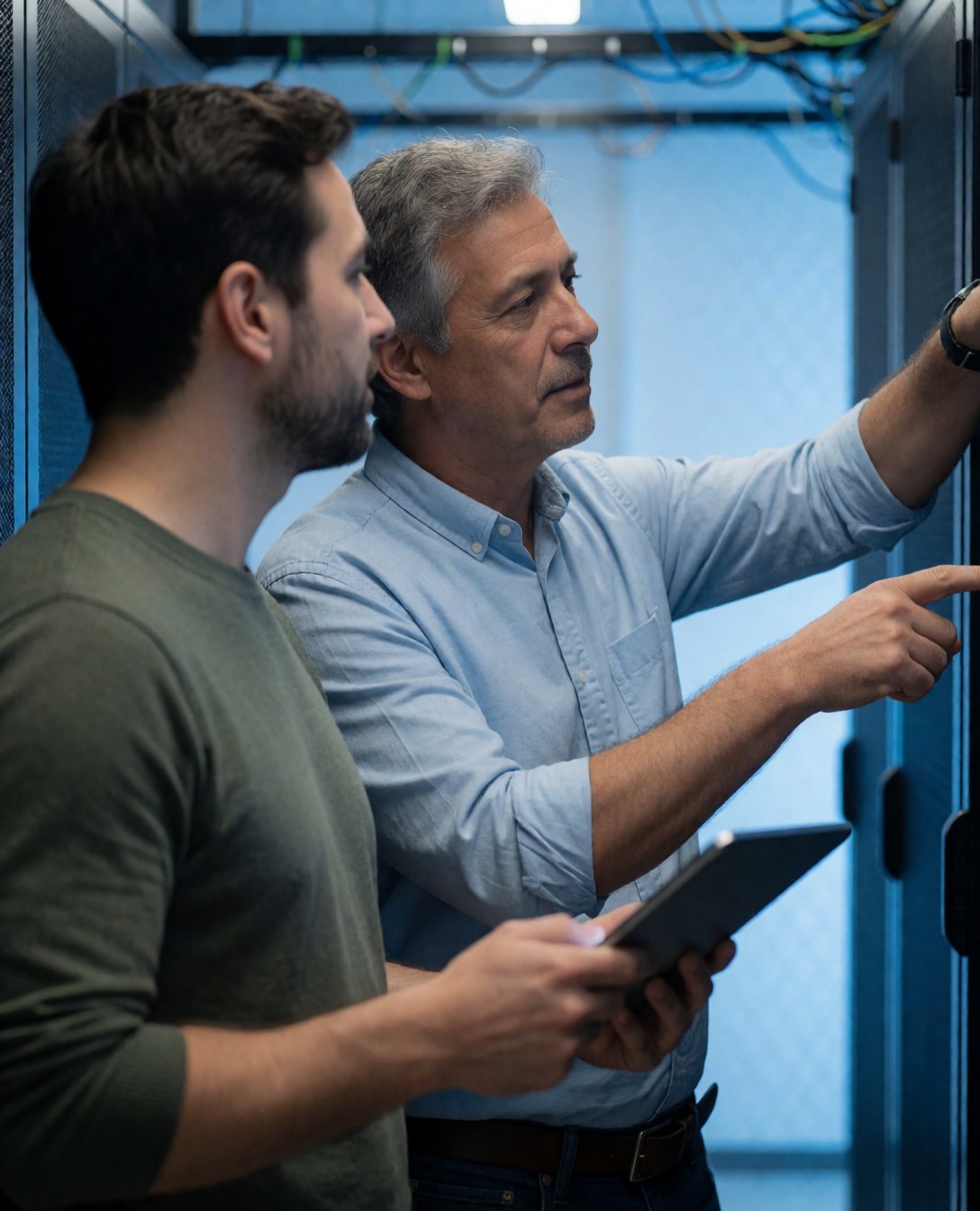 Two male IT engineers working in a server room, one holding a tablet while the other points at a screen with blue lighting.