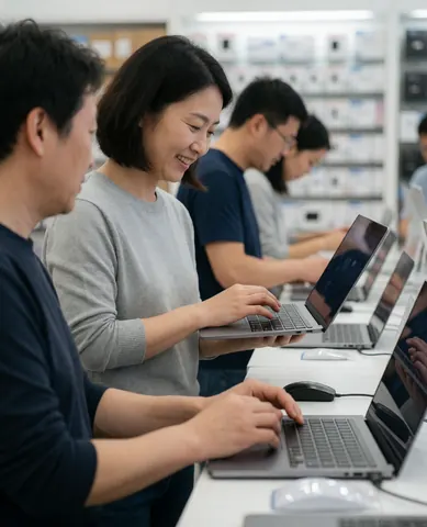 A smiling customer tests a laptop in a modern, well-lit technology store with other shoppers nearby.