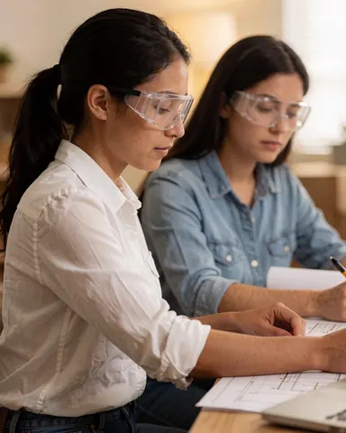 Two female engineers in safety glasses review architectural blueprints at a modern office desk with a laptop, demonstrating professional teamwork in the manufacturing industry.