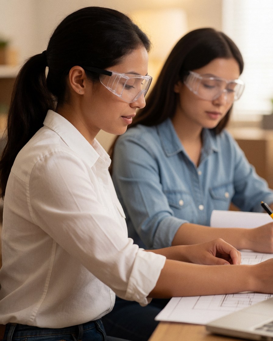 Two female engineers in safety glasses review architectural blueprints at a modern office desk with a laptop, demonstrating professional teamwork in the manufacturing industry.