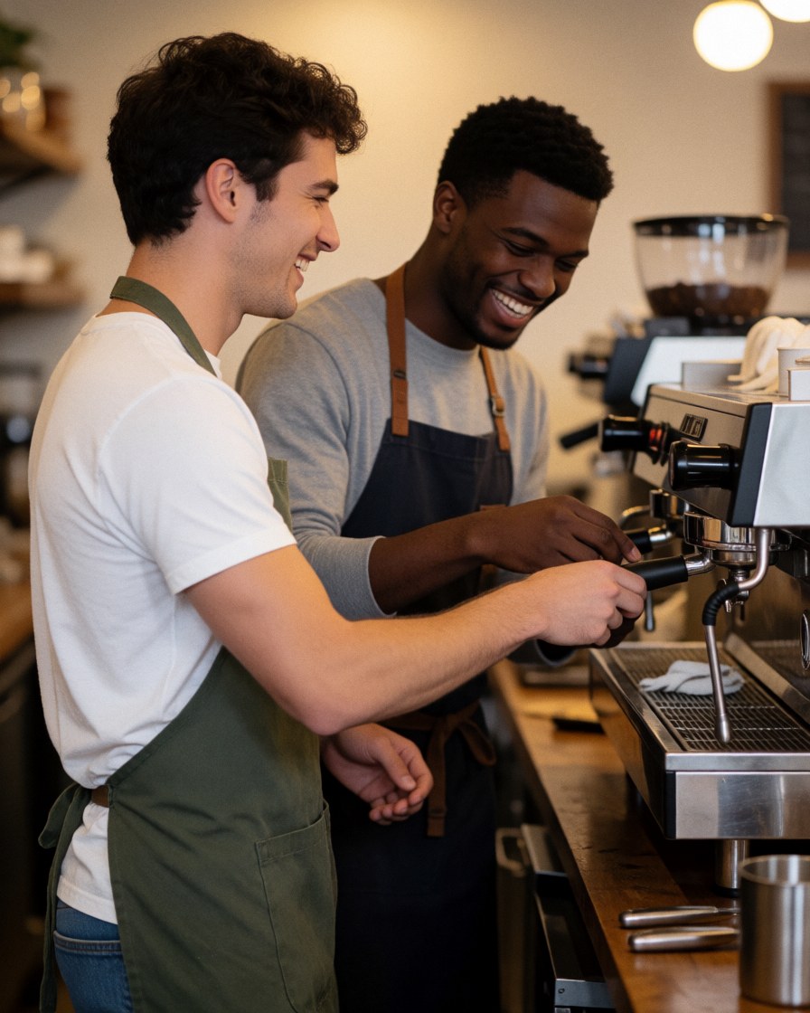 Two smiling baristas collaborating at an espresso machine in a cozy cafe with warm lighting