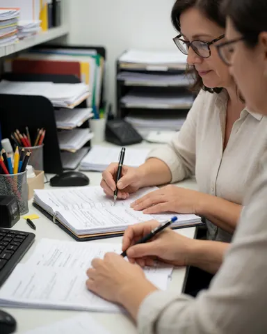 A professional female accountant sits at a desk with a computer, documents, and office supplies while working on financial tasks.