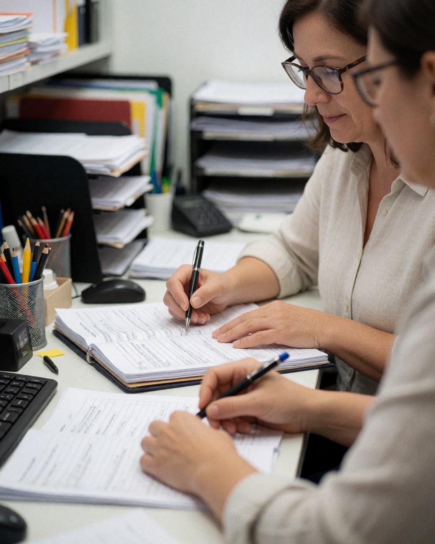 A professional female accountant sits at a desk with a computer, documents, and office supplies while working on financial tasks.