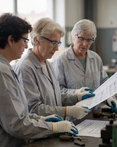 Three women in an industrial workshop examine a technical blueprint while wearing safety gloves and glasses, surrounded by tools and machinery in a professional environment.