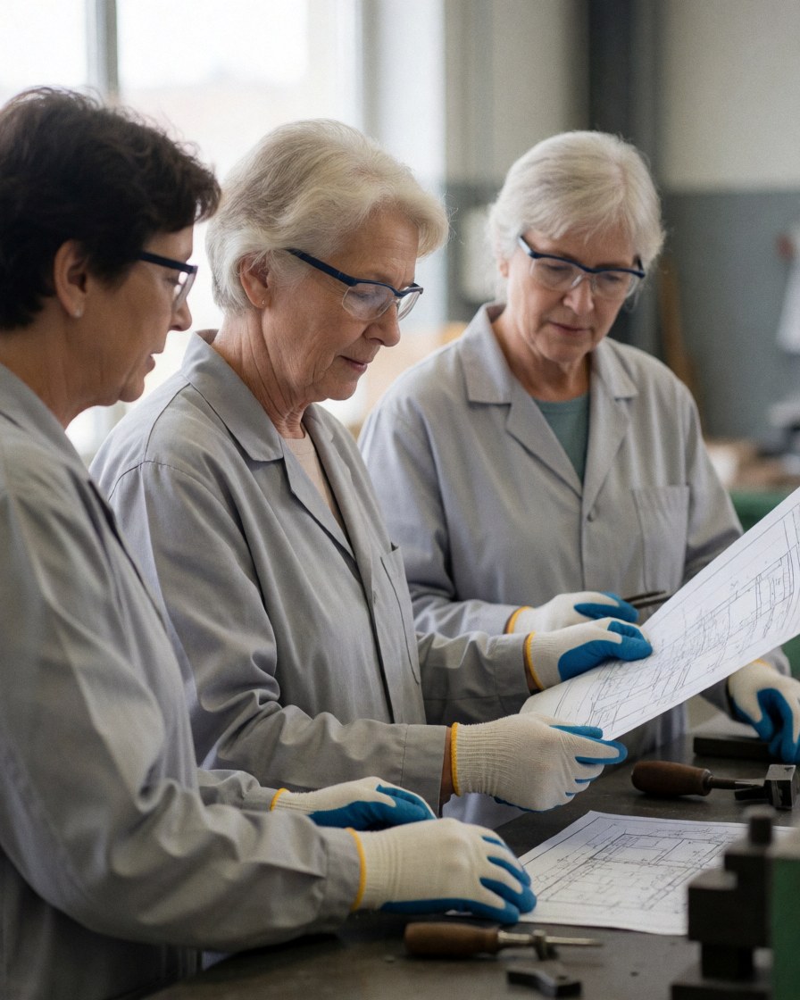 Three women in an industrial workshop examine a technical blueprint while wearing safety gloves and glasses, surrounded by tools and machinery in a professional environment.