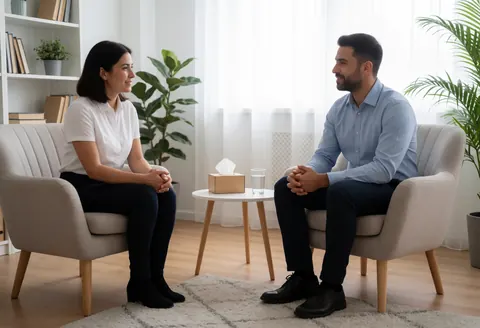 A welcoming psychology consultation room featuring comfortable seating, a side table with tissues and water, books, a plant, and soft lighting in blue, brown, and white tones.