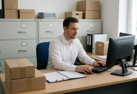 Administrator working at a desk in a psychology office with filing cabinets, computer, and boxes.