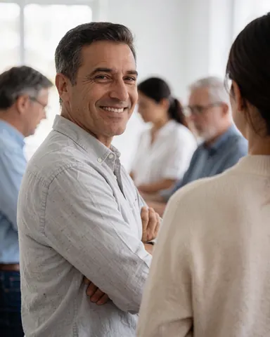 A smiling professional man standing with his arms crossed, wearing a white shirt and gray jacket in a modern office setting.