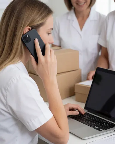 Professional woman talking on cell phone while using laptop at desk, with boxes and other professionals in background in bright office.