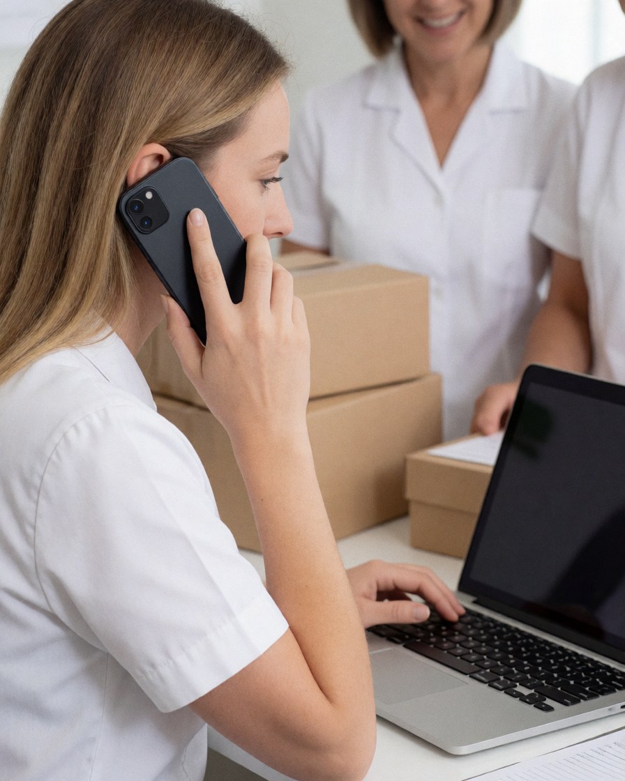 Professional woman talking on cell phone while using laptop at desk, with boxes and other professionals in background in bright office.