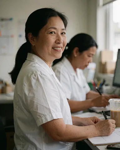 A smiling female psychologist works at her desk, writing in a notebook, with another professional visible in the background of a bright, welcoming office.
