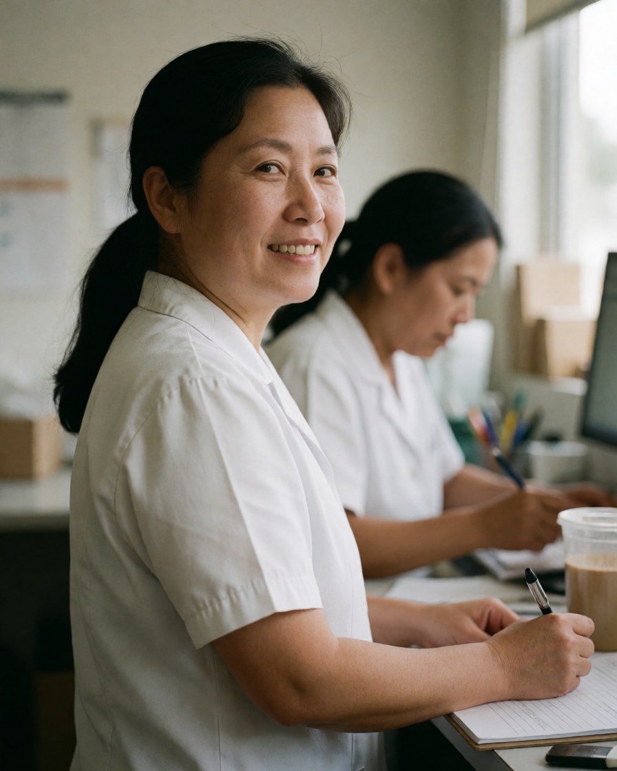 A smiling female psychologist works at her desk, writing in a notebook, with another professional visible in the background of a bright, welcoming office.