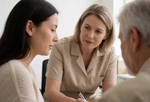 A therapist attentively listens to two clients during a psychology session in a clinic with a table, notebook, and pen in a soft-lit neutral room.