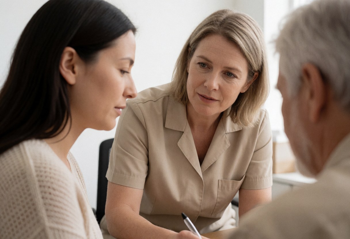A therapist attentively listens to two clients during a psychology session in a clinic with a table, notebook, and pen in a soft-lit neutral room.