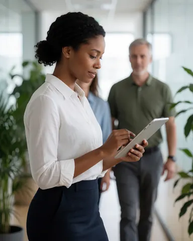 A professional businesswoman walking through a modern office hallway while holding a digital tablet, surrounded by plants and natural light.