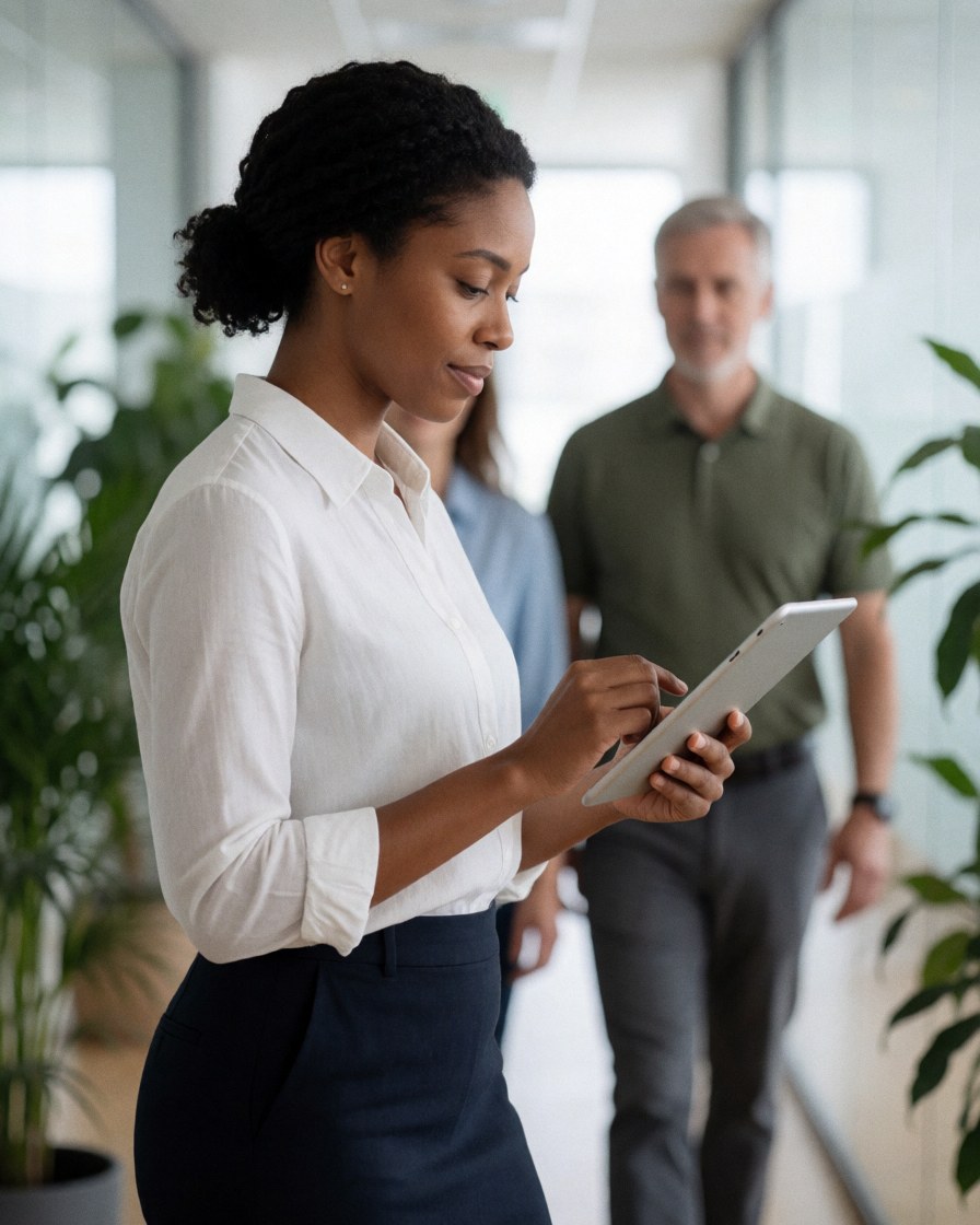 A professional businesswoman walking through a modern office hallway while holding a digital tablet, surrounded by plants and natural light.