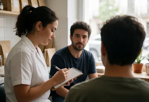 A therapist writes in a notebook while two clients talk in a bright office with natural light, illustrating active listening and psychological therapy in action.