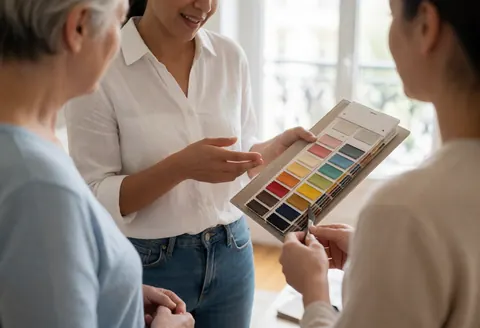 An interior designer presents color samples to two clients in a bright room, collaborating on a home decor project together.