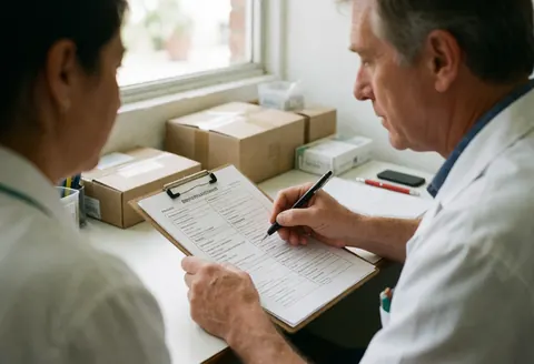 A psychologist writes on a worksheet with a client in a clinical setting, illustrating cognitive behavioral therapy in action.