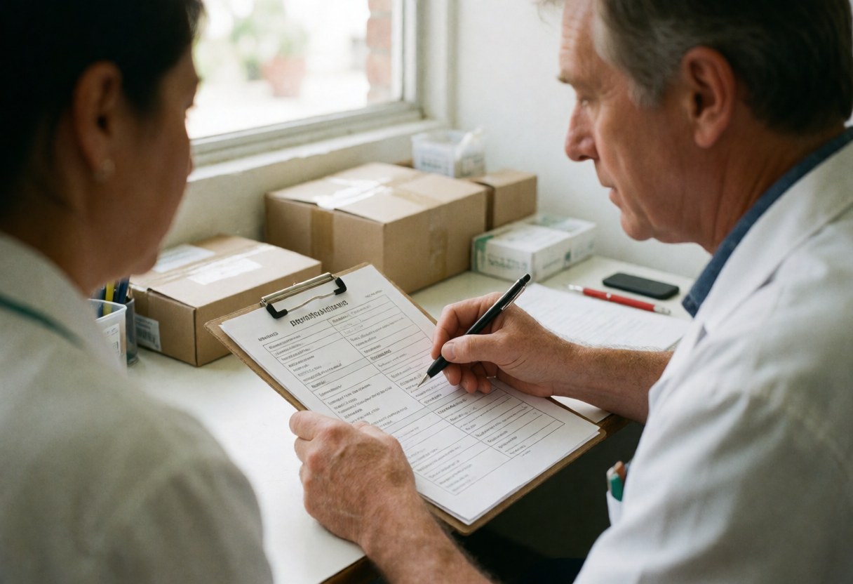 A psychologist writes on a worksheet with a client in a clinical setting, illustrating cognitive behavioral therapy in action.